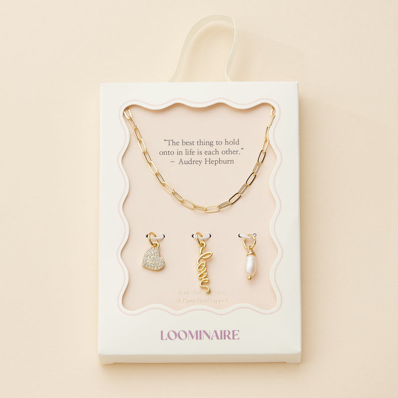 Gold Dipped Charming "Love" Pendant Necklace with Heart and Pearl Accents