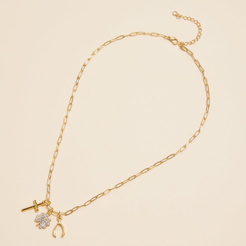 Gold Dipped Charm Necklace with Cross, Clover, and Wishbone