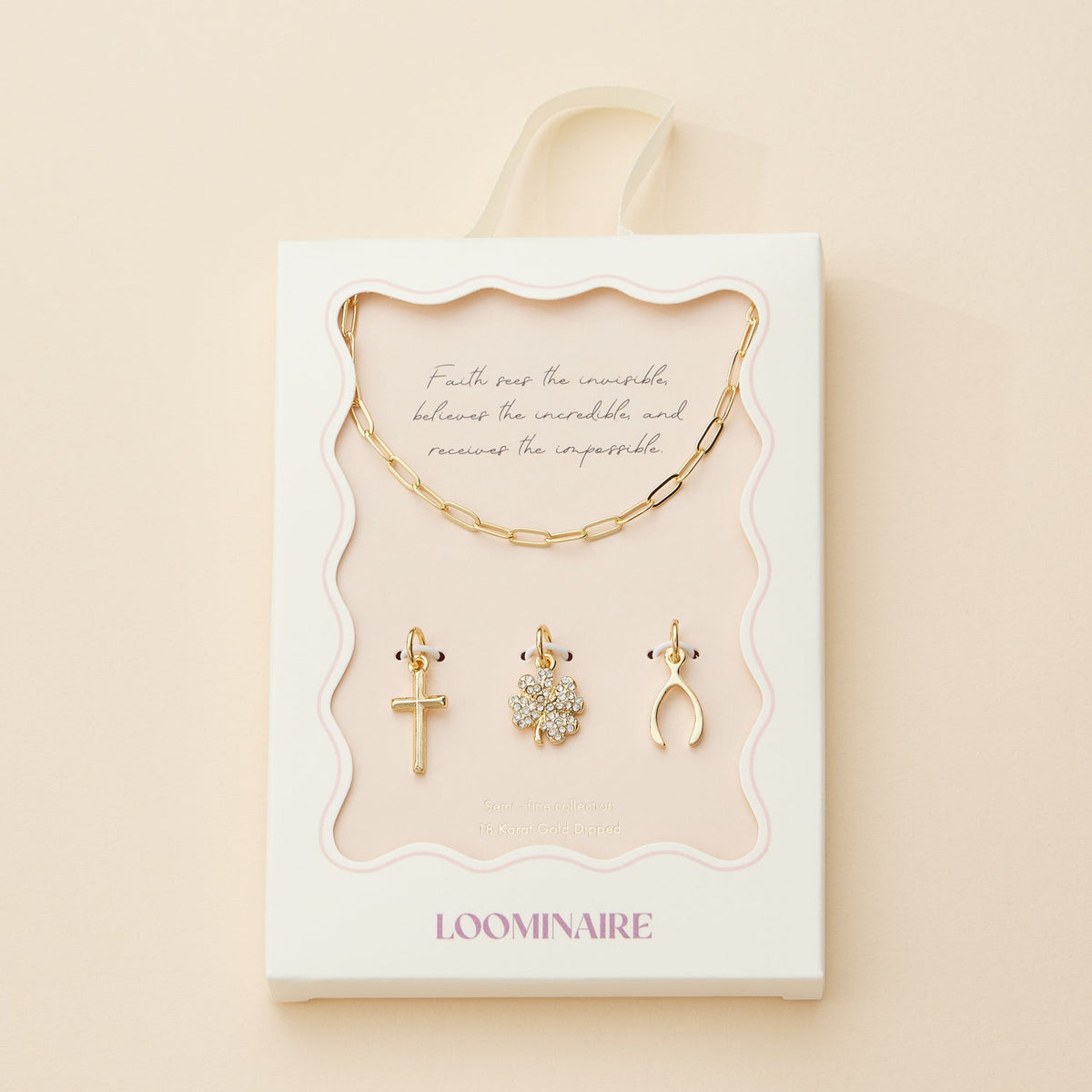 Gold Dipped Charm Necklace with Cross, Clover, and Wishbone