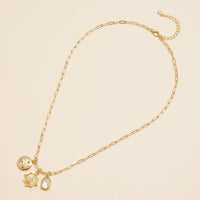 Celestial Gold Dipped 18K Charm Pendant Necklace with Moon and Sun Symbols