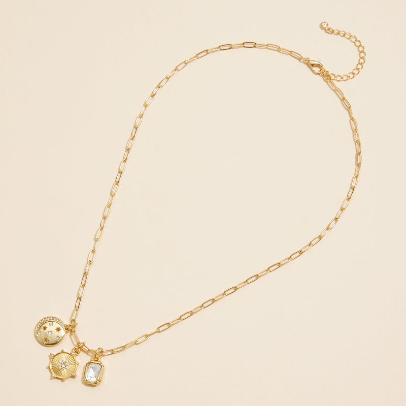 Celestial Gold Dipped 18K Charm Pendant Necklace with Moon and Sun Symbols