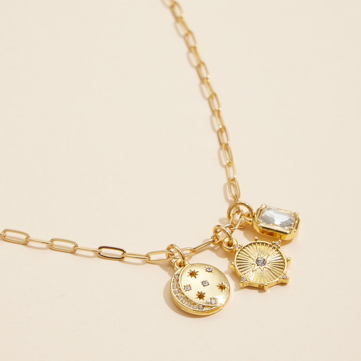 Celestial Gold Dipped 18K Charm Pendant Necklace with Moon and Sun Symbols