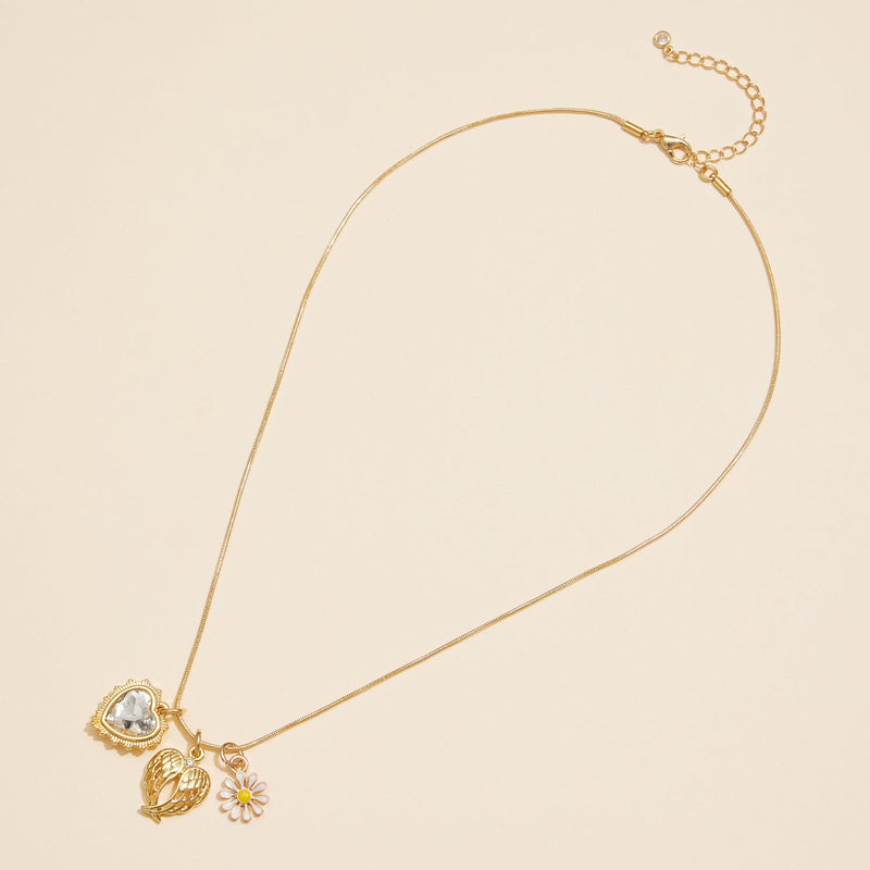 Gold Dipped 18K Charm Heart, Daisy & Angel Wing Necklace