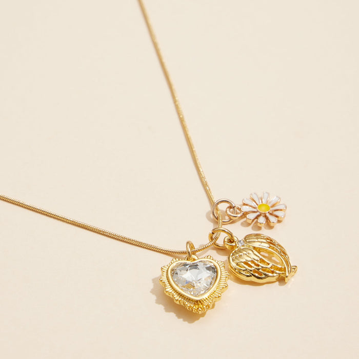 Gold Dipped 18K Charm Heart, Daisy & Angel Wing Necklace