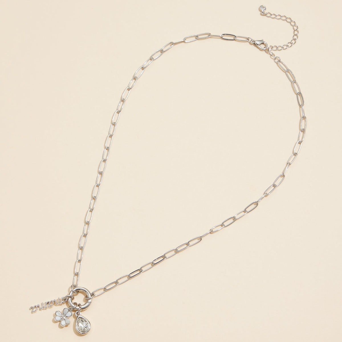 Silver Chain "Mama" Gold Dipped 18k Teardrop and Flower Charm Necklace