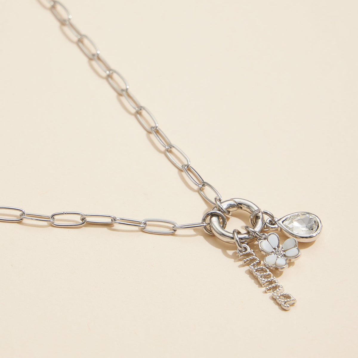 Silver Chain "Mama" Gold Dipped 18k Teardrop and Flower Charm Necklace