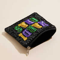 Mardi Gras Beaded Sequin Pouch with Bold Lettering