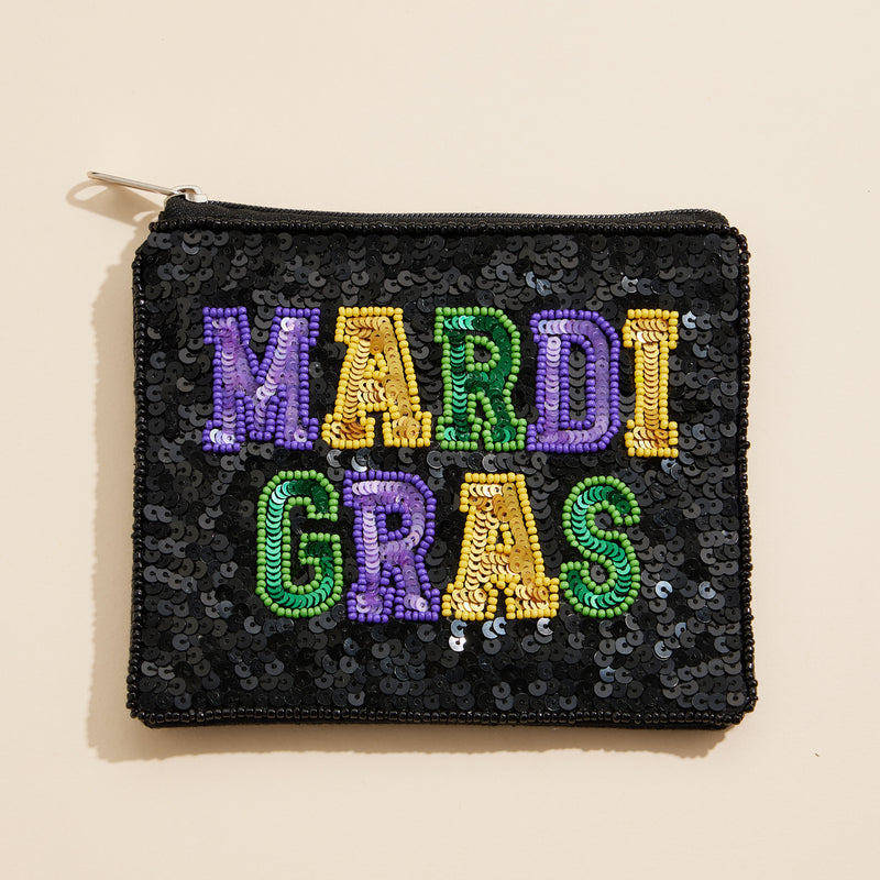 Mardi Gras Beaded Sequin Pouch with Bold Lettering