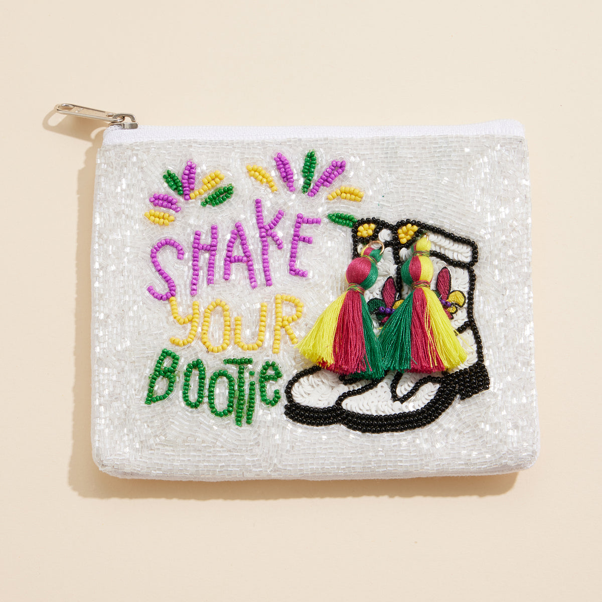 Beaded "Shake Your Bootie" Mardi Gras Pouch with Tassels