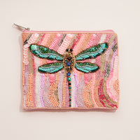 Hand-Beaded Dragonfly Clutch – Vibrant Pink and Pastel Sequins with Elegant Zipper Closure