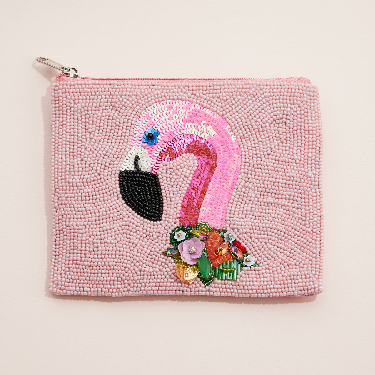 Pink Beaded Flamingo Pouch – Hand-Embroidered Clutch with Floral Detail