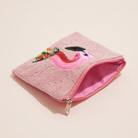 Pink Beaded Flamingo Pouch – Hand-Embroidered Clutch with Floral Detail