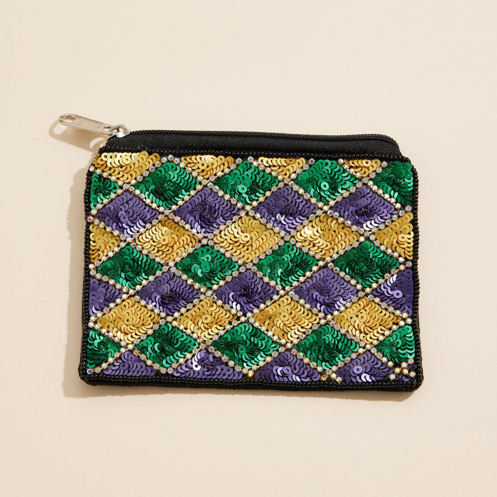 Mardi Gras Harlequin Sequin Pouch Colorful Diamond Pattern Accessory