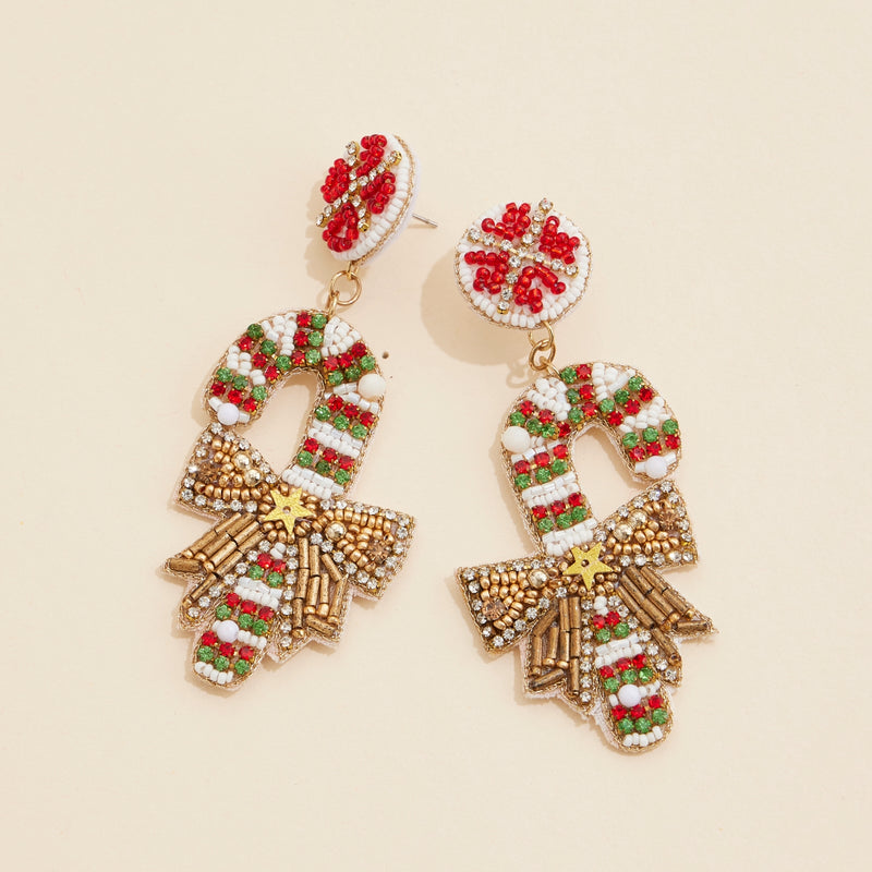 Christmas Candy Cane Seed Beaded Dangling Earrings