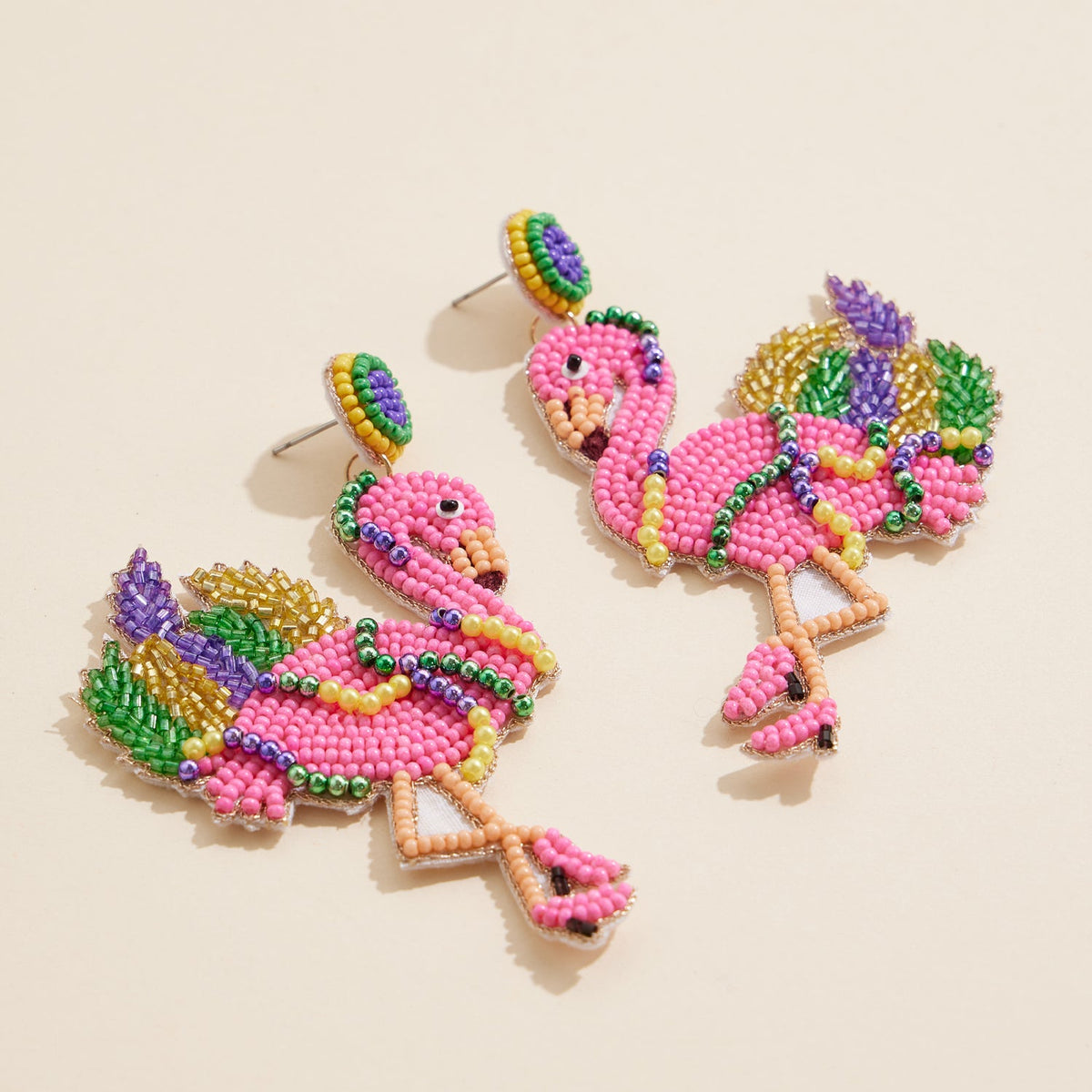 Mardi Gras Flamingo Beaded Earrings Fun Festive Statement Jewelry