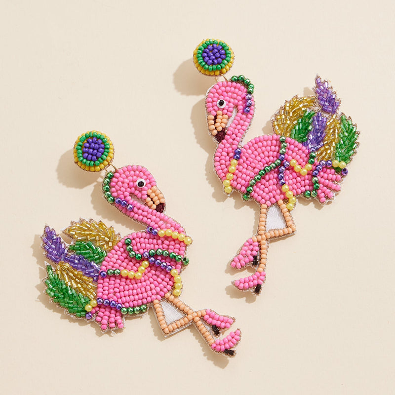 Mardi Gras Flamingo Beaded Earrings Fun Festive Statement Jewelry