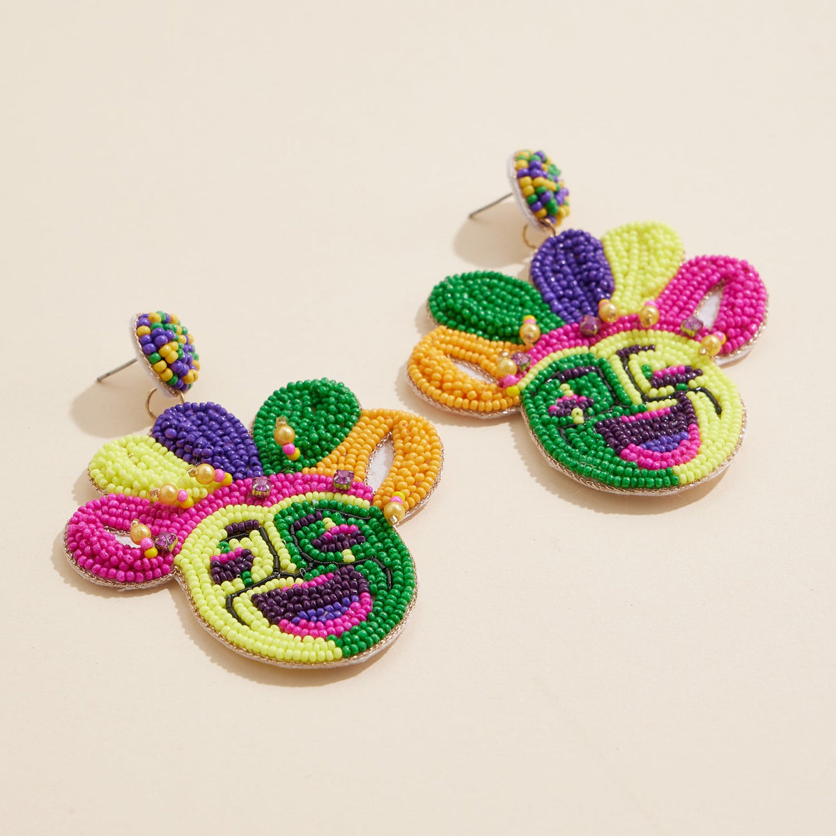 Mardi Gras Jester Mask Beaded Earrings Colorful Festival Jewelry