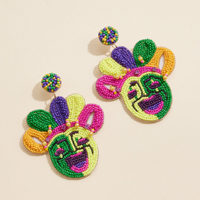 Mardi Gras Jester Mask Beaded Earrings Colorful Festival Jewelry