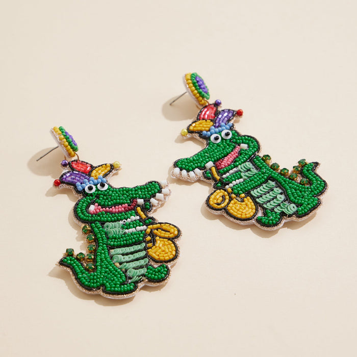 Mardi Gras Alligator Beaded Earrings Fun Festive Statement Jewelry