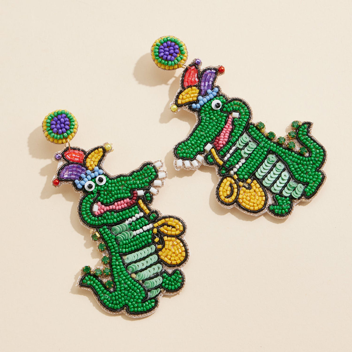 Mardi Gras Alligator Beaded Earrings Fun Festive Statement Jewelry