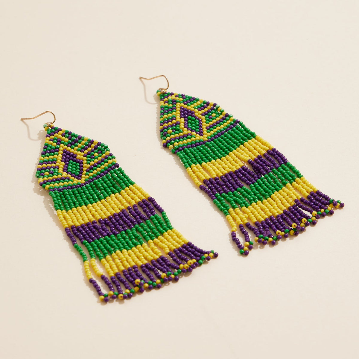 Mardi Gras Beaded Fringe Earrings Purple Green Yellow Statement Jewelry