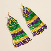 Mardi Gras Beaded Fringe Earrings Purple Green Yellow Statement Jewelry