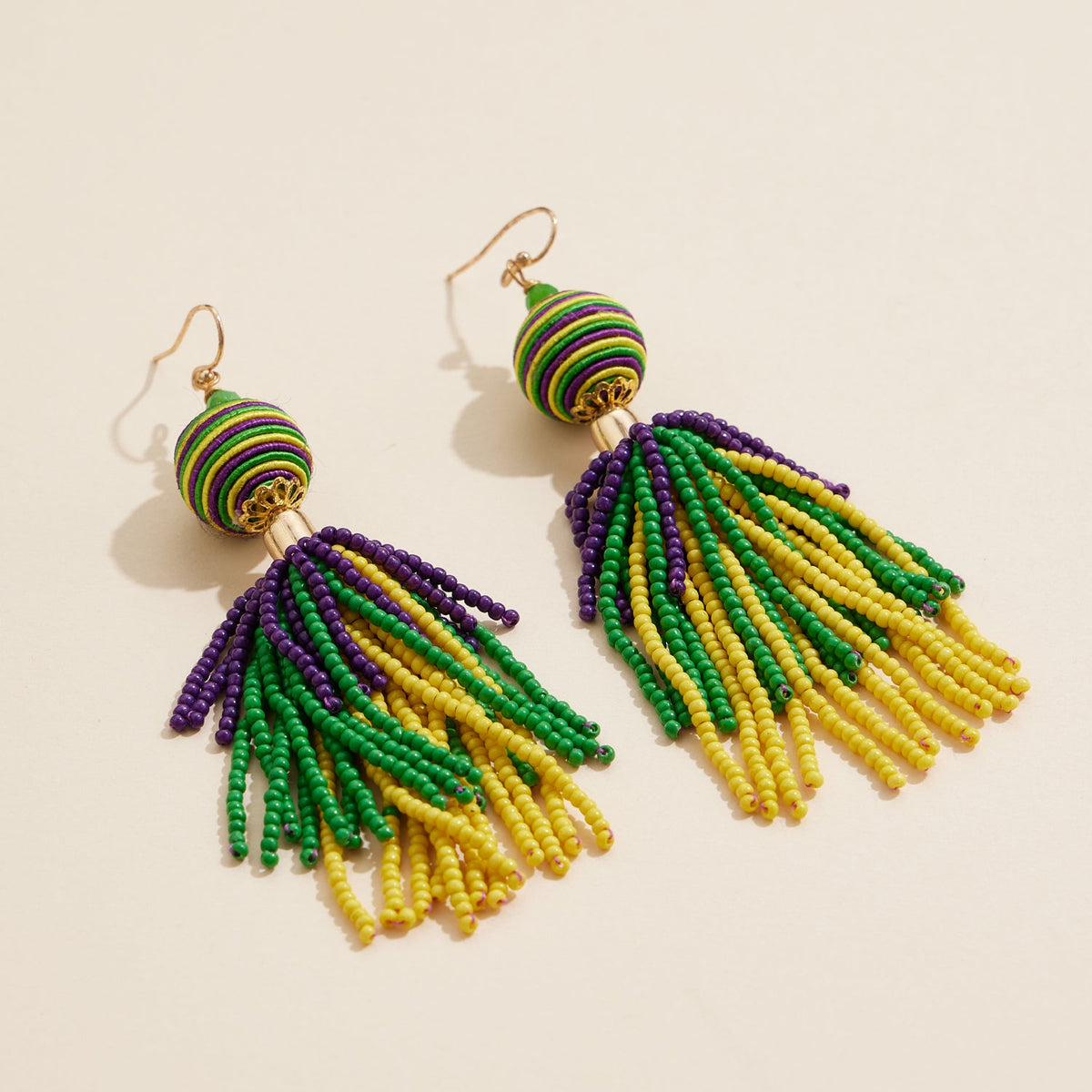 Mardi Gras Tassel Beaded Earrings in Purple Green and Yellow Festive Jewelry