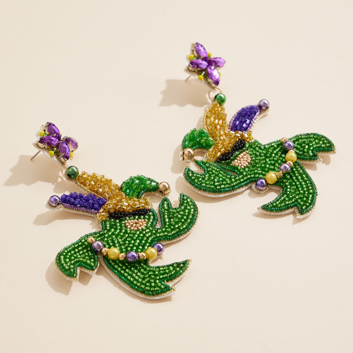 Mardi Gras Crawfish Beaded Earrings with Jester Hat Festive Statement Jewelry