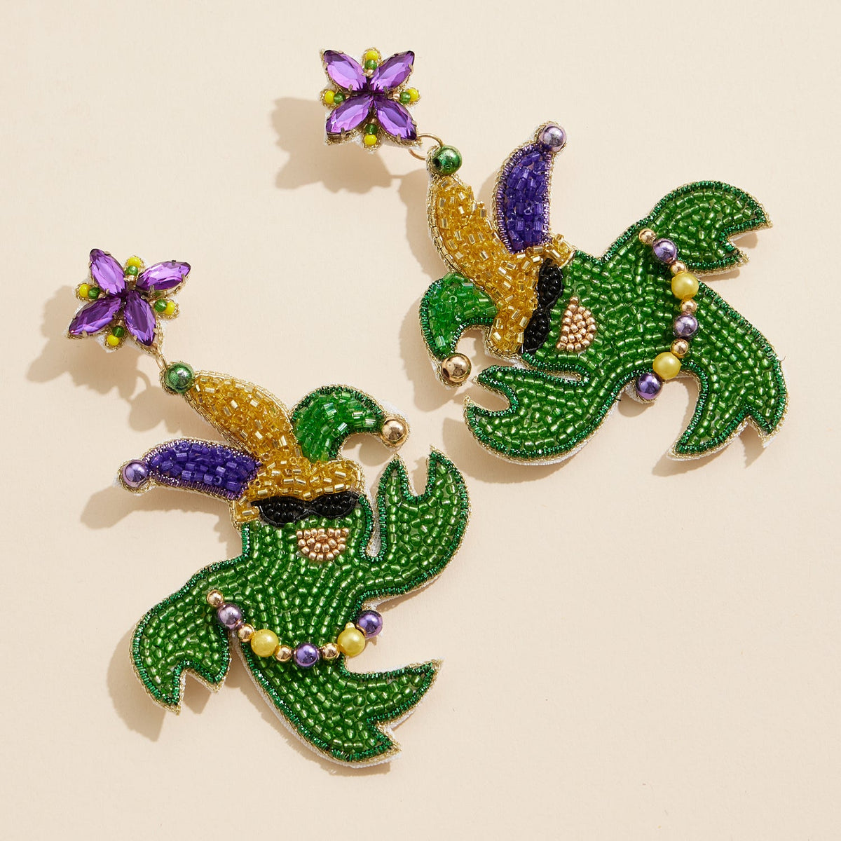 Mardi Gras Crawfish Beaded Earrings with Jester Hat Festive Statement Jewelry