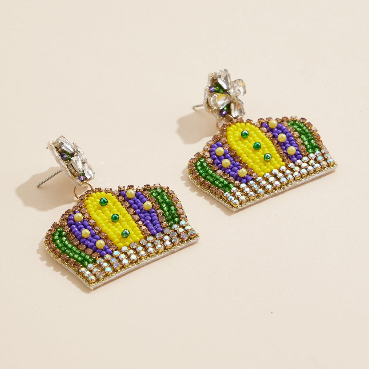 Mardi Gras Crown Beaded Earrings with Rhinestone Accents Festive Jewelry