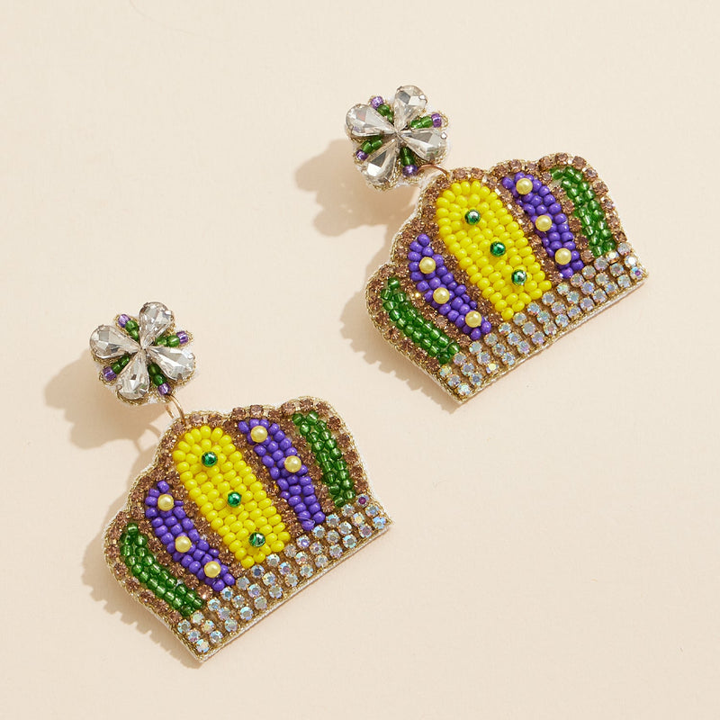 Mardi Gras Crown Beaded Earrings with Rhinestone Accents Festive Jewelry