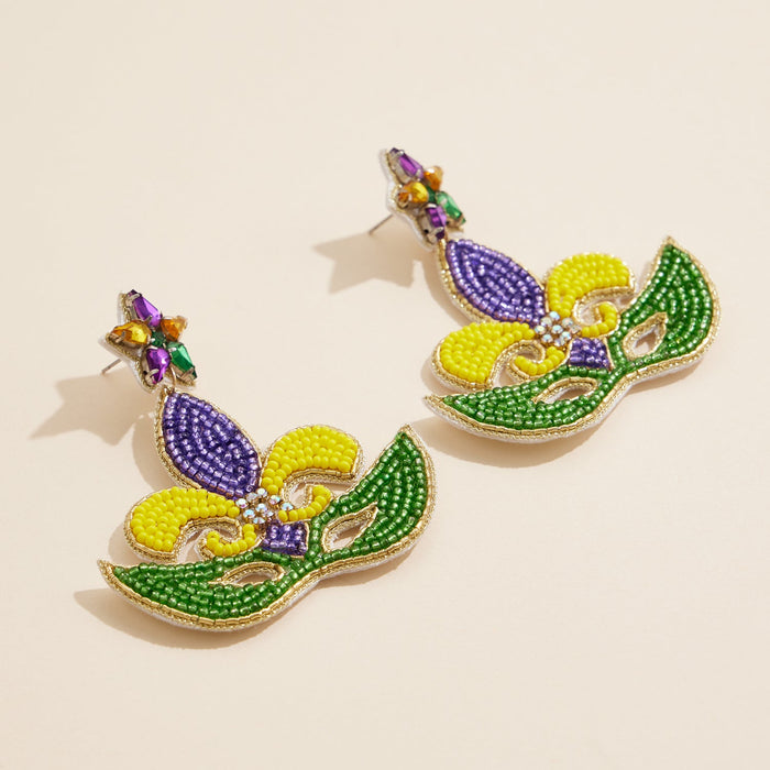 Mardi Gras Mask and Fleur-de-Lis Beaded Earrings Festive Carnival Jewelry