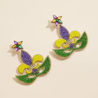 Mardi Gras Mask and Fleur-de-Lis Beaded Earrings Festive Carnival Jewelry