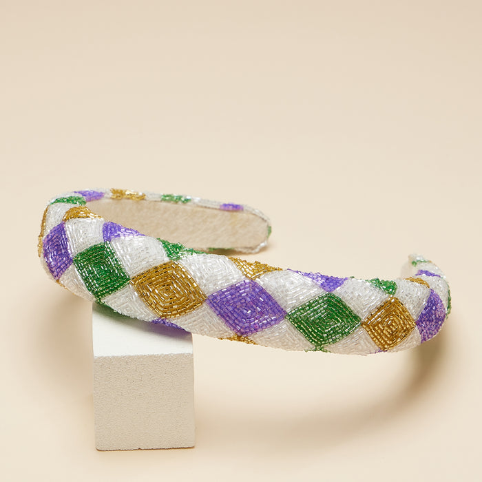 Colorful Beaded Mardi Gras- Checkered Headband