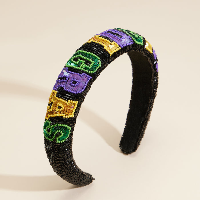 Mardi Gras Beaded Headband with Colorful "Mardi Gras" Lettering