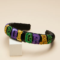 Mardi Gras Beaded Headband with Colorful "Mardi Gras" Lettering