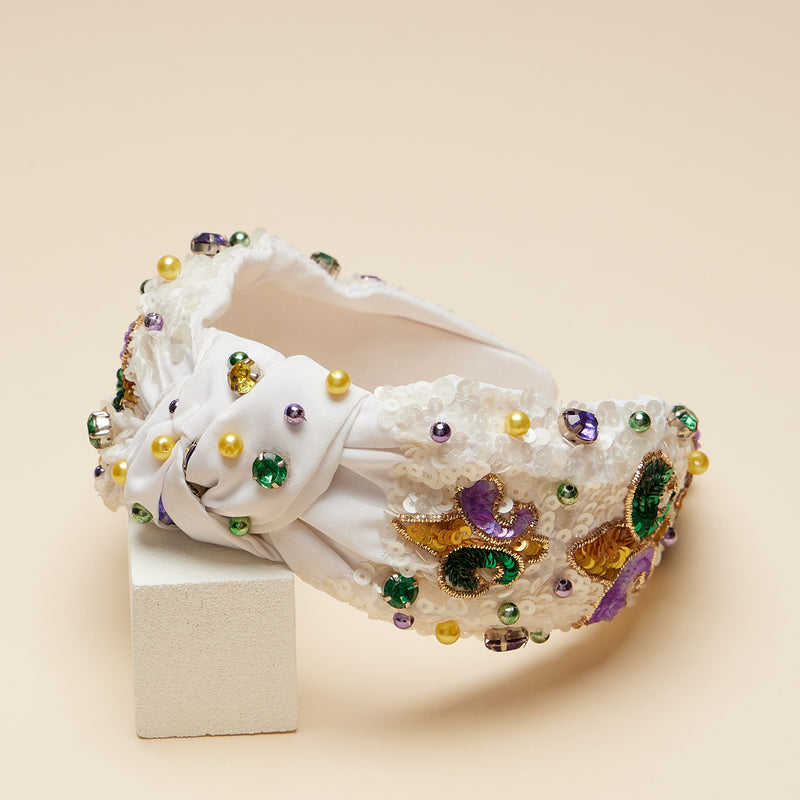 Elegant White Mardi Gras Headband with Fleur-de-Lis and Colorful Jewel Embellishments