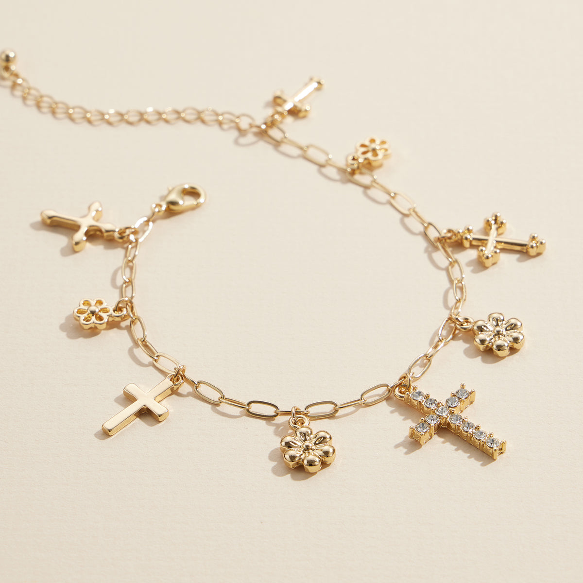 Gold and Silver Charm Bracelet with Different Style Cross and Floral Pendants – Fashion Jewelry