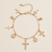 Gold and Silver Charm Bracelet with Different Style Cross and Floral Pendants – Fashion Jewelry