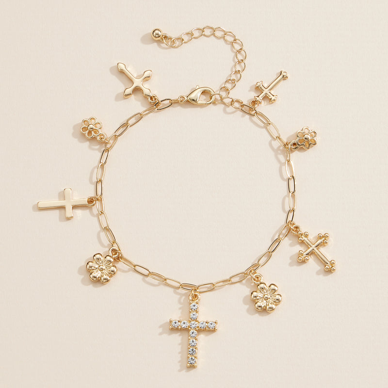 Gold and Silver Charm Bracelet with Different Style Cross and Floral Pendants – Fashion Jewelry