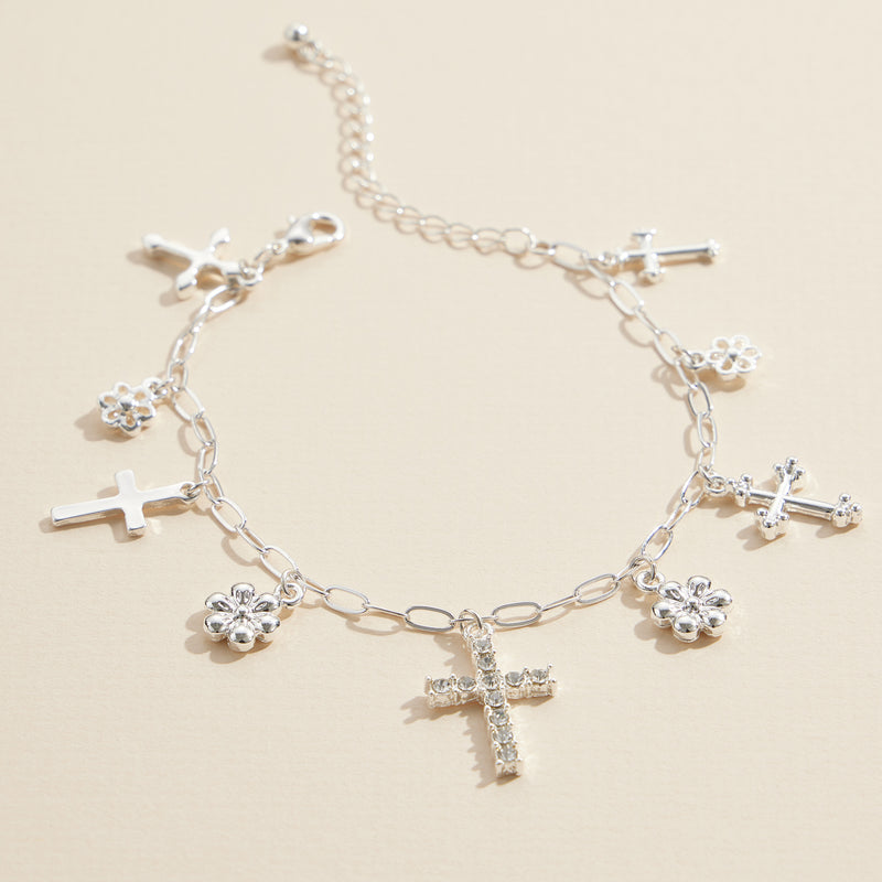 Gold and Silver Charm Bracelet with Different Style Cross and Floral Pendants – Fashion Jewelry