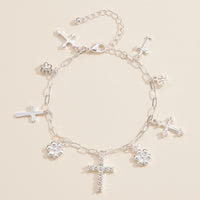 Gold and Silver Charm Bracelet with Different Style Cross and Floral Pendants – Fashion Jewelry