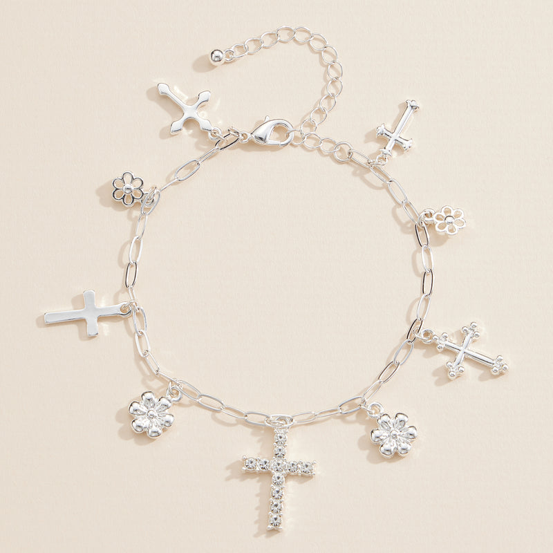 Gold and Silver Charm Bracelet with Different Style Cross and Floral Pendants – Fashion Jewelry