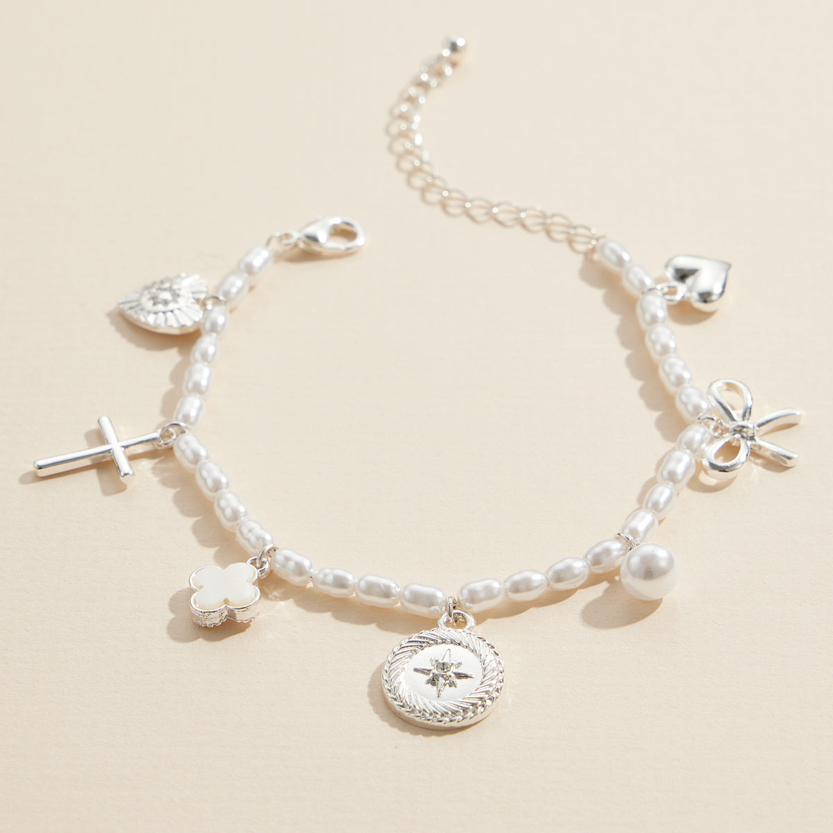 Pearl Charm Bracelet – Cross, Heart, Compass, Clover and Bow Charms With Adjustable Chain