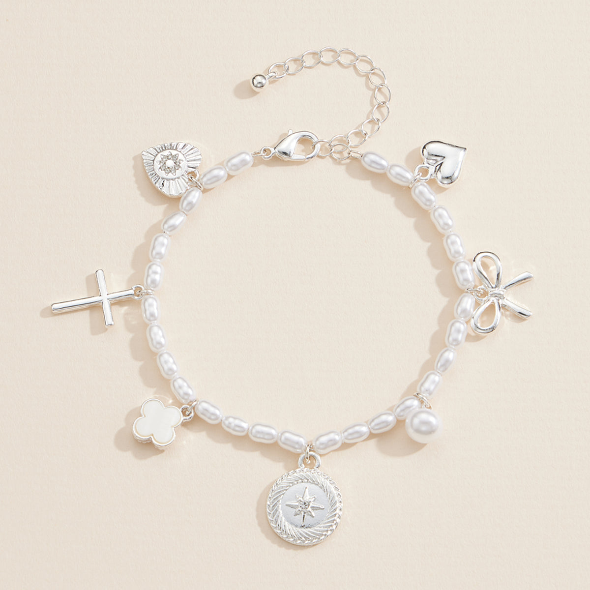 Pearl Charm Bracelet – Cross, Heart, Compass, Clover and Bow Charms With Adjustable Chain