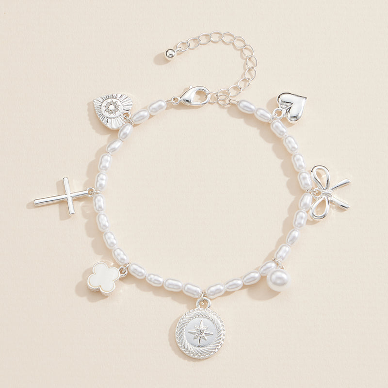 Pearl Charm Bracelet – Cross, Heart, Compass, Clover and Bow Charms With Adjustable Chain