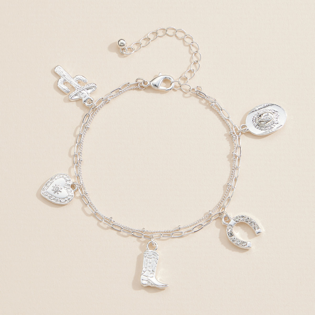 Silver Western Charm Bracelet – Cowboy Boot, Hat, Horseshoe, Cactus and Heart Charms