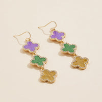 Mardi Gras Triple Drop Earrings with Sparkling Purple, Green, and Yellow Charms