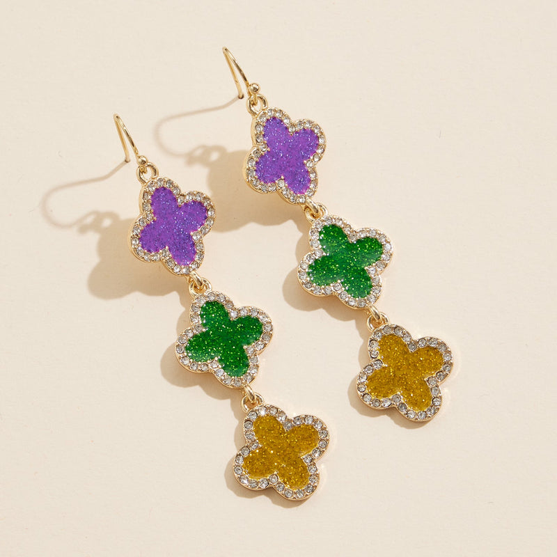 Mardi Gras Triple Drop Earrings with Sparkling Purple, Green, and Yellow Charms