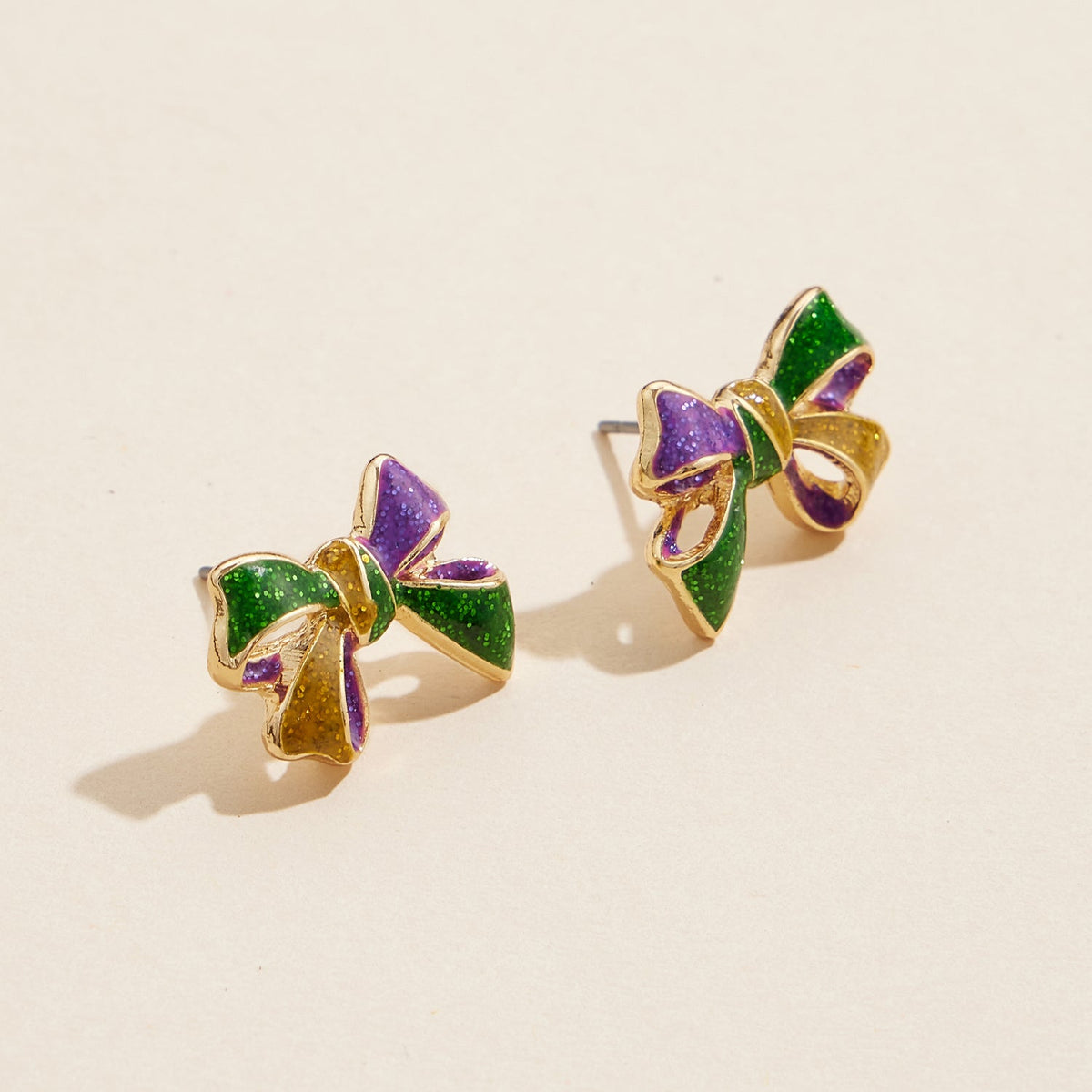 Mardi Gras Bow Stud Earrings in Purple, Green, and Yellow Festive Jewelry